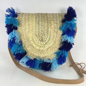 French basket straw bag leather handles Boho Fringe Pompom Shoulder Summer Purse